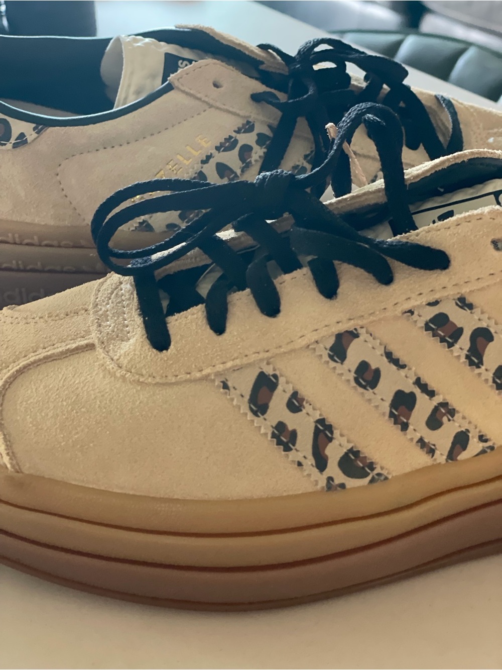 Adidas’s gazelle, Cream Suede Sneakers with Leopard Stripe Accents